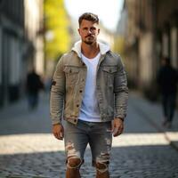 homme dans denim veste et déchiré jeans photo