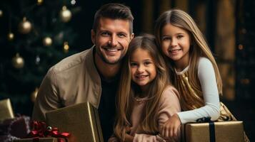 joyeux famille avec Noël présente et décorations photo