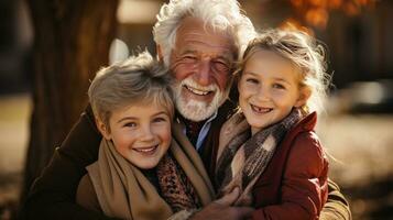 grands-parents étreindre leur petits enfants fermement photo