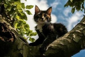 chat sur arbre branche. produire ai photo