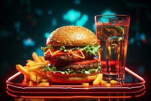 vibrant néon Burger et un soda tasse dans message Cadre évoquer l'eau à la bouche les envies. ai généré photo