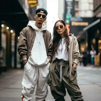 Jeune couple dans branché vêtement de rue photo