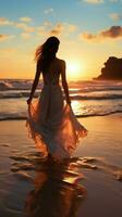 solitude à lever du soleil, Jeune femme dans blanc robe balades sur plage verticale mobile fond d'écran ai généré photo