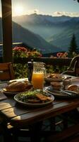 petit déjeuner servi sur une en bois terrasse patio à une Tirol alm cabane à lever du soleil. verticale mobile fond d'écran ai généré photo