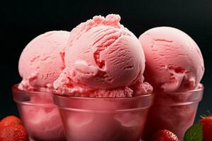 estivale délice une trio de fraise la glace crème boules, prêt à saveur ai généré photo