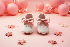 adorable bébé fille des chaussures avec de fête accents contre une jolie rose mur ai généré photo