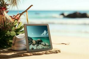 côtier technologie proche en haut sur numérique tablette avec une captivant plage réglage ai généré photo