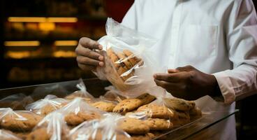 précision à travail mans mains habilement emballage biscuits dans une épicerie sac ai généré photo