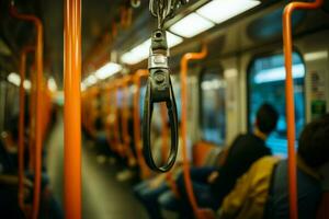 la perspective sur sécurité flou main détient métro sangle, assurer sécurise Publique transport. ai généré photo