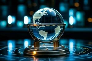 cristal globe intégré avec réel temps Stock données, une symbole de global la finance ai généré photo