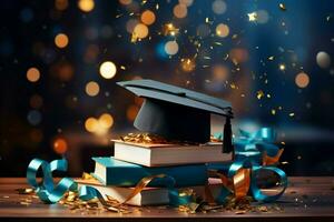 une l'obtention du diplôme casquette repose à côté de livres, célébrer académique réussite parmi confettis ai généré photo