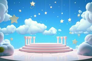 capricieux 3d rendu podium ensemble en dessous de une bleu ciel avec dessin animé des nuages et étoiles ai généré photo