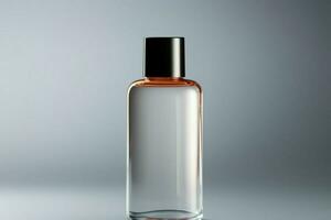 élégant minimalisme cosmétique produit bouteille contre lumière gris toile de fond rayonne sophistication ai généré photo