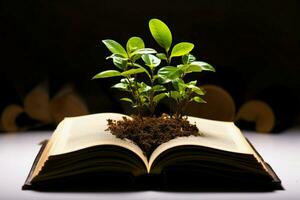 pages de une livre devenir le fertile sol pour une prospère vert plante ai généré photo