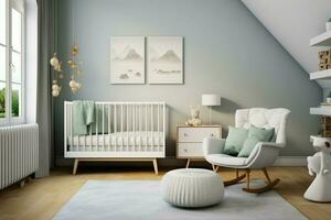 une lit de bébé ajoute charme à cette scandinave des gamins chambre avec ses intemporel conception ai généré photo
