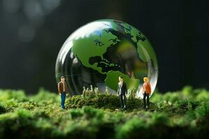 Terre cristal Balle révèle miniature gens contre une herbeux toile de fond ai généré photo