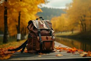 ai généré l'automne la nature sert comme le toile de fond pour mettant en valeur sac à dos et accessoires ai généré photo