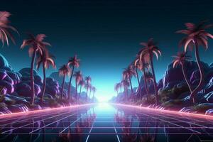 retrowave route voyage 3d filaire filet, paume des arbres, et néon paysage ai généré photo