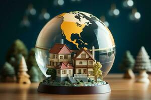une modèle maison avec une globe un haut symbolisant global l'accession à la propriété ai généré photo