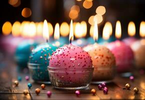 ai génératif anniversaire petits gâteaux avec brouiller Contexte coloré des ballons réaliste image, ultra HD, haute conception très photo