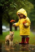 une enfant dans une imperméable en jouant avec une chat sur une pluvieux journée ai généré photo