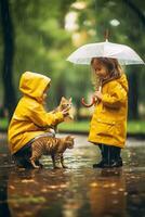 une enfant dans une imperméable en jouant avec une chat sur une pluvieux journée ai généré photo
