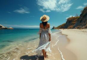 ai génératif Jeune touristique femme dans été robe et chapeau permanent sur magnifique sablonneux plage. mignonne fille profiter photo