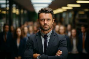 ai génératif groupe de content affaires homme et affaires femmes, habillé dans costume sont souriant, dans le Bureau photo