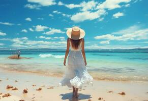 ai génératif Jeune touristique femme dans été robe et chapeau permanent sur magnifique sablonneux plage. mignonne fille profiter photo