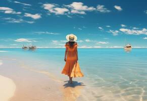 ai génératif Jeune touristique femme dans été robe et chapeau permanent sur magnifique sablonneux plage. mignonne fille profiter photo