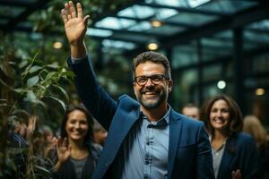 ai génératif groupe de content affaires homme et affaires femmes, habillé dans costume sont souriant, dans le Bureau photo