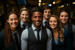 ai génératif groupe de content affaires homme et affaires femmes, habillé dans costume sont souriant, dans le Bureau photo