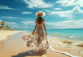 ai génératif Jeune touristique femme dans été robe et chapeau permanent sur magnifique sablonneux plage. mignonne fille profiter photo