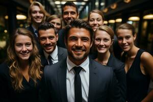 ai génératif groupe de content affaires homme et affaires femmes, habillé dans costume sont souriant, dans le Bureau photo