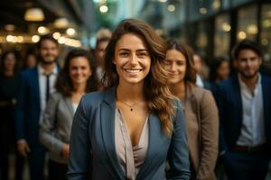 ai génératif groupe de content affaires homme et affaires femmes, habillé dans costume sont souriant, dans le Bureau photo