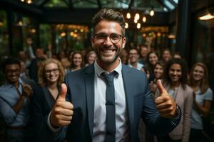 ai génératif groupe de content affaires homme et affaires femmes, habillé dans costume sont souriant, dans le Bureau photo