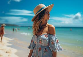 ai génératif Jeune touristique femme dans été robe et chapeau permanent sur magnifique sablonneux plage. mignonne fille profiter photo