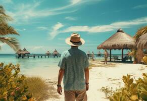 ai génératif retour vue Jeune touristique homme dans été robe et chapeau permanent sur magnifique sablonneux plage. profiter. photo