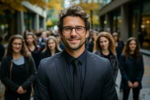 ai génératif groupe de content affaires homme et affaires femmes, habillé dans costume sont souriant, dans le Bureau photo