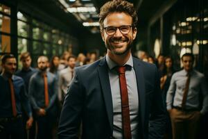 ai génératif groupe de content affaires homme et affaires femmes, habillé dans costume sont souriant, dans le Bureau photo