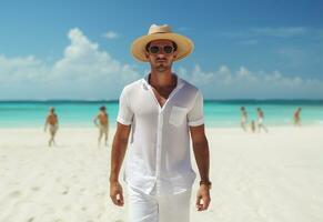 ai génératif retour vue Jeune touristique homme dans été robe et chapeau permanent sur magnifique sablonneux plage. profiter. photo