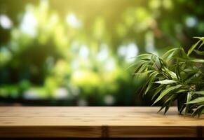 ai génératif en bois table sur bambou plante Contexte réaliste image ultra HD haute conception très détaillé photo