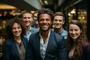 ai génératif groupe de content affaires homme et affaires femmes, habillé dans costume sont souriant, dans le Bureau photo