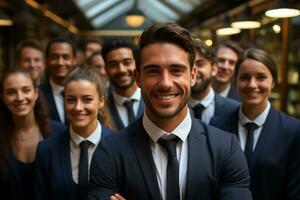 ai génératif groupe de content affaires homme et affaires femmes, habillé dans costume sont souriant, dans le Bureau photo