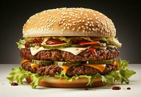 ai génératif double Hamburger isolé sur blanc Contexte Frais Burger vite nourriture avec du boeuf et crème fromage réaliste image, ultra HD, haute conception très détaillé photo