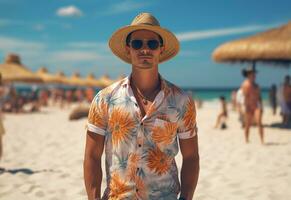 ai génératif retour vue Jeune touristique homme dans été robe et chapeau permanent sur magnifique sablonneux plage. profiter. photo