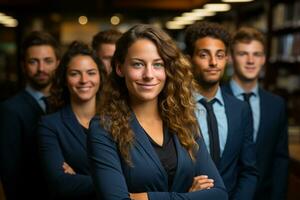 ai génératif groupe de content affaires homme et affaires femmes, habillé dans costume sont souriant, dans le Bureau photo