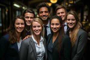 ai génératif groupe de content affaires homme et affaires femmes, habillé dans costume sont souriant, dans le Bureau photo