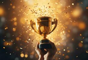 ai génératif main en portant or trophée tasse avec confettis. célébrer avec trophée prix pour Succès réaliste photo