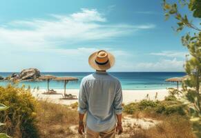 ai génératif retour vue Jeune touristique homme dans été robe et chapeau permanent sur magnifique sablonneux plage. profiter. photo